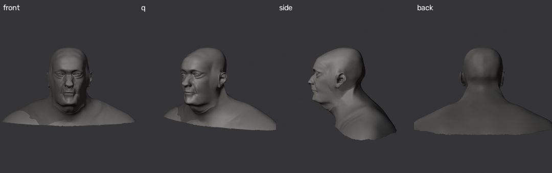 Front, three-quarter, side and rear views of the V8 bald bust