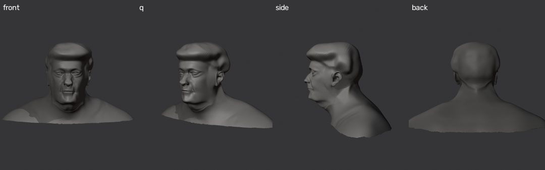 Front, three-quarter, side and rear views of the V8 hair bust